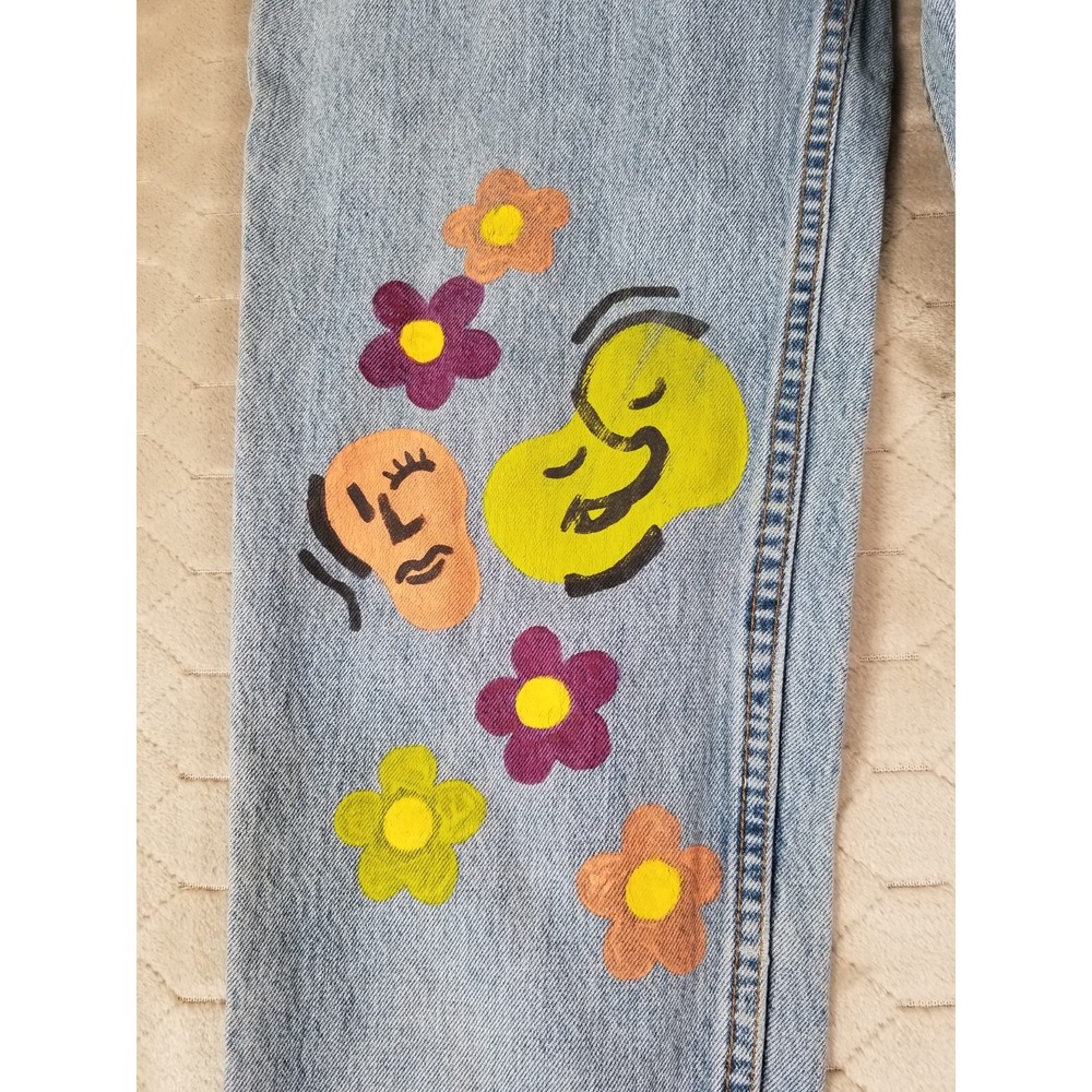 VTG Levis 512 High Rise Slim Tapered Jeans 26x32 USA Custom Painted Floral Faces - Picture 4 of 16